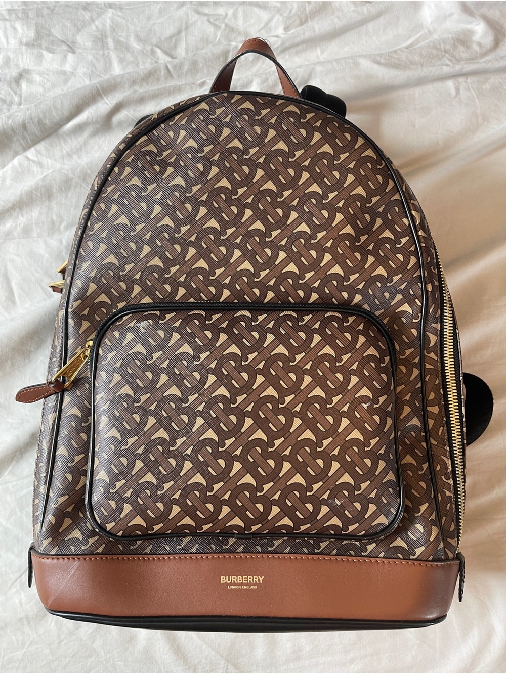Burberry Brown Monogram Canvas Backpack with Tan Leather Trim